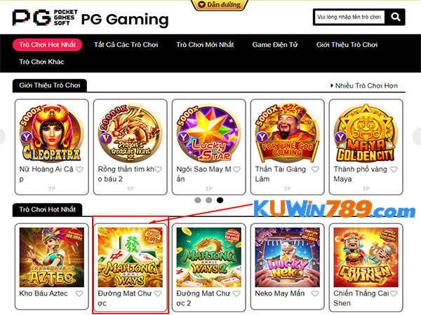 Giao diện truy cập game nổ hũ PG đường mạt chược tại KUWIN